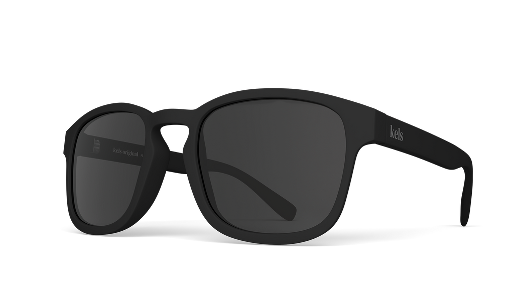 Black sunglasses with a brand logo on a white background