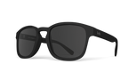 Black sunglasses with a brand logo on a white background