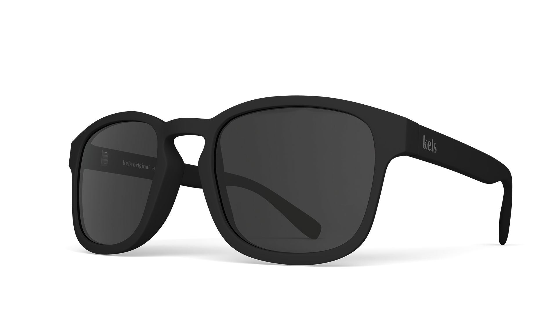 Black sunglasses with a brand logo on a white background