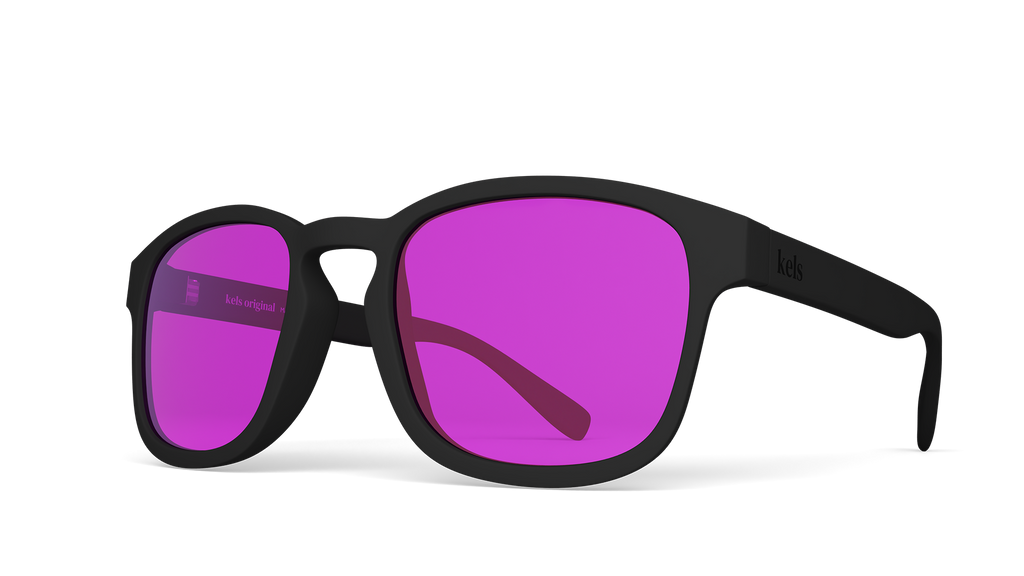 Black sunglasses with purple lenses on a white background