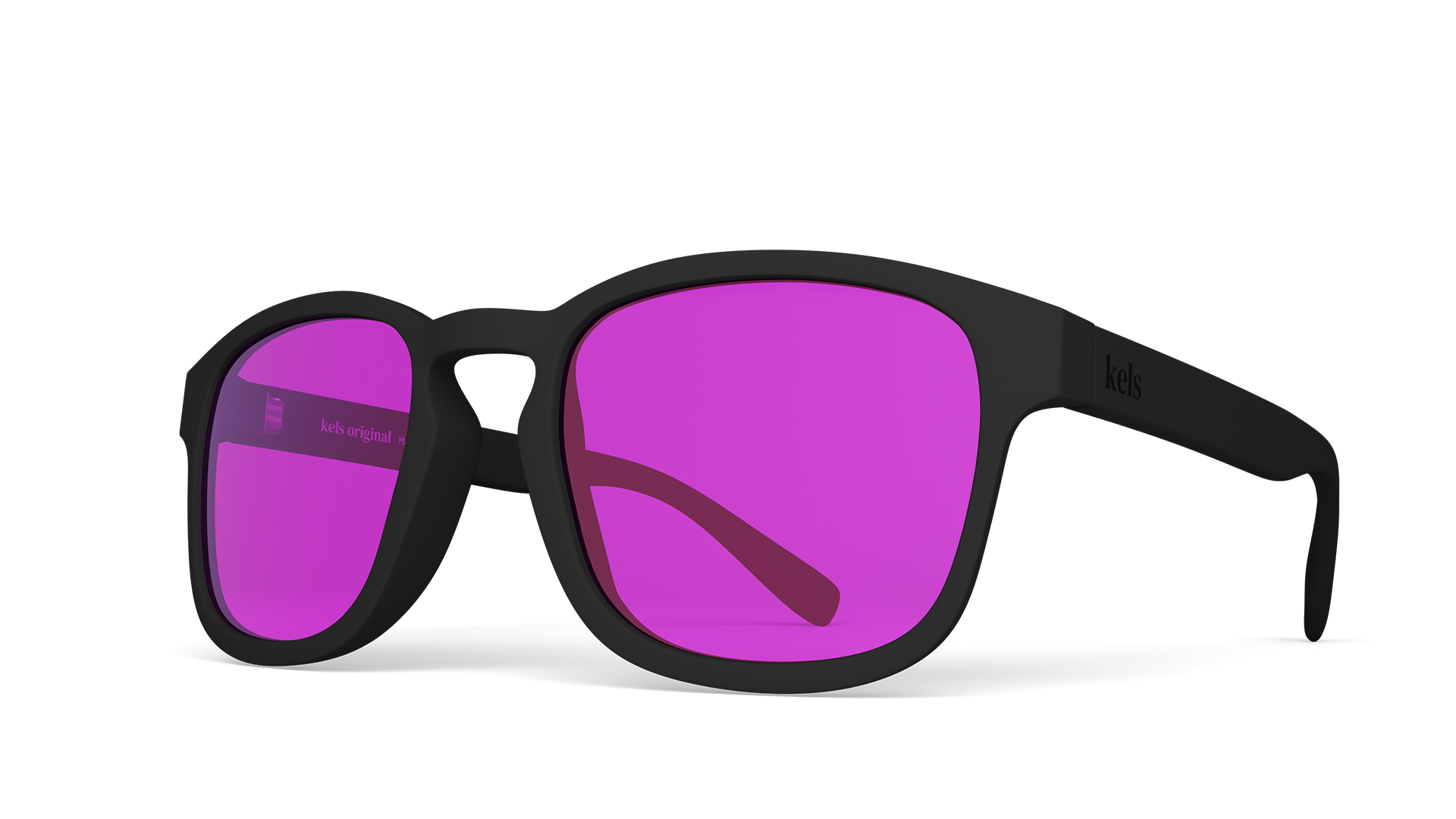 Black sunglasses with purple lenses on a white background