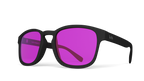 Black sunglasses with purple lenses on a white background