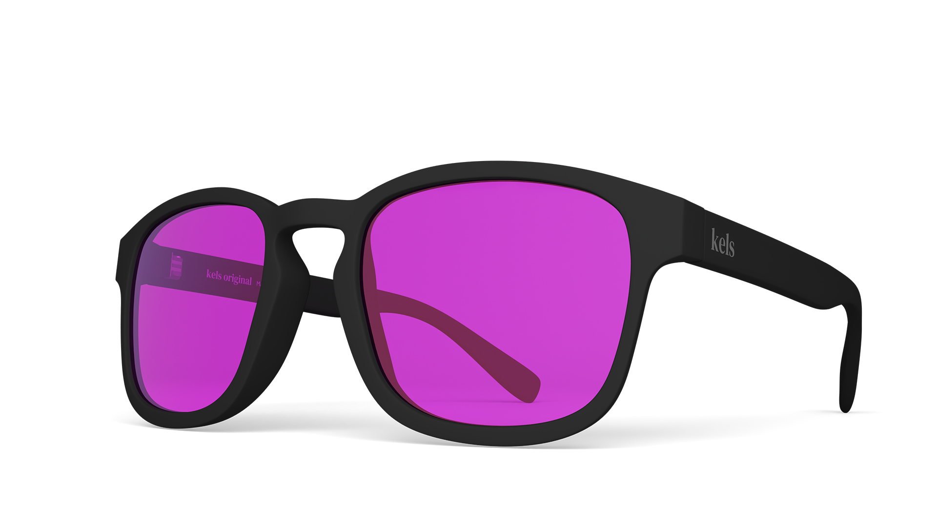 Black sunglasses with purple lenses on a white background