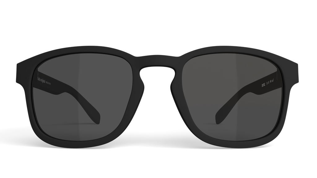 Black sunglasses with dark lenses on a white background
