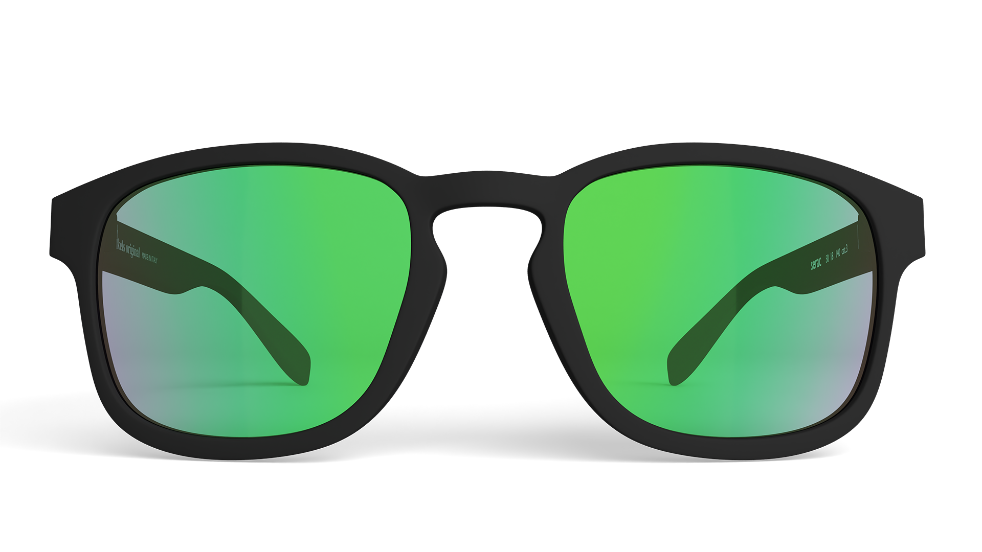 Sunglasses with green lenses and black frames on a white background