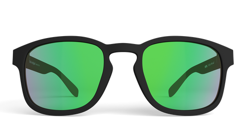 Sunglasses with green lenses and black frames on a white background
