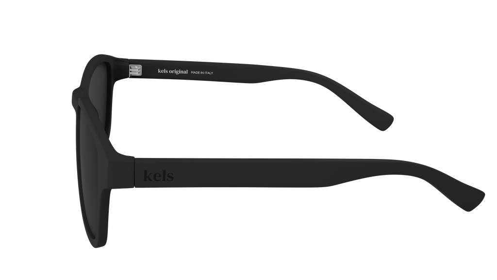 Black sunglasses with 'kels' branding on a white background