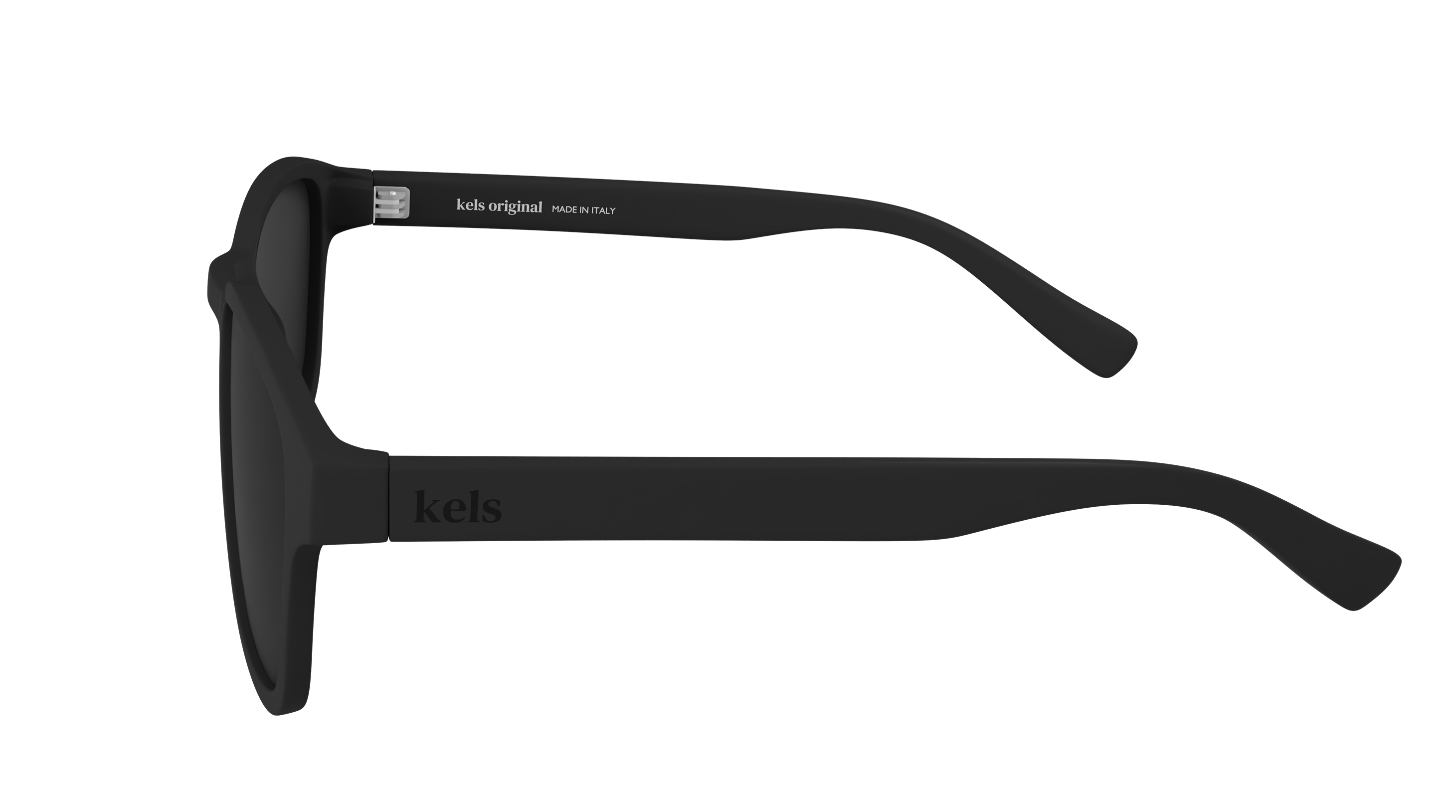 Black sunglasses with 'kels' branding on a white background