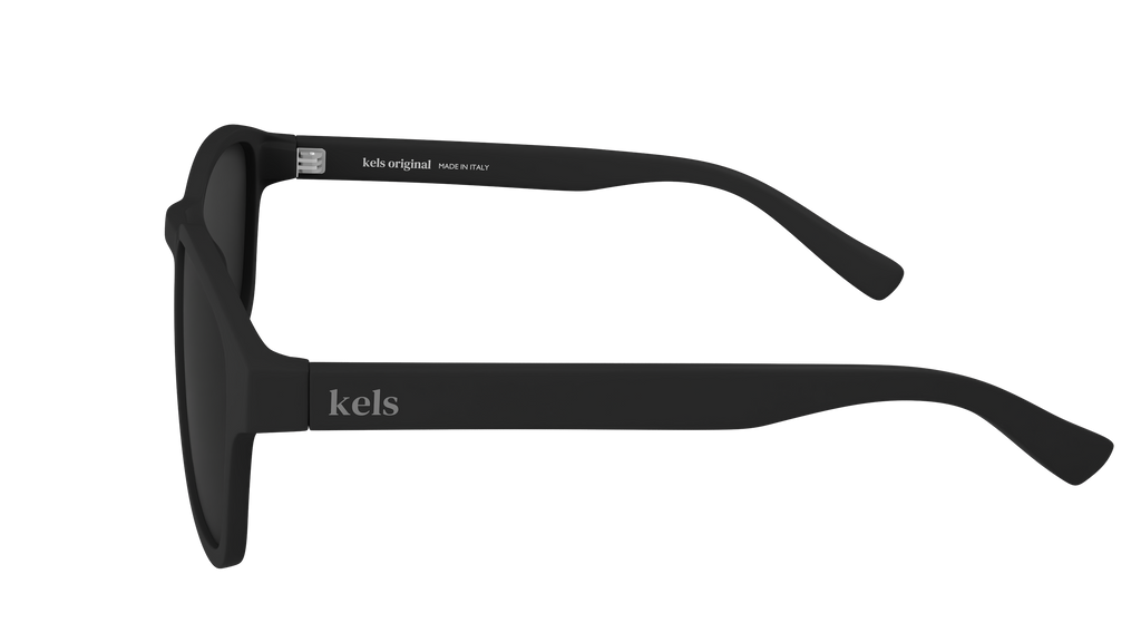 Black sunglasses with 'kels' branding on a white background