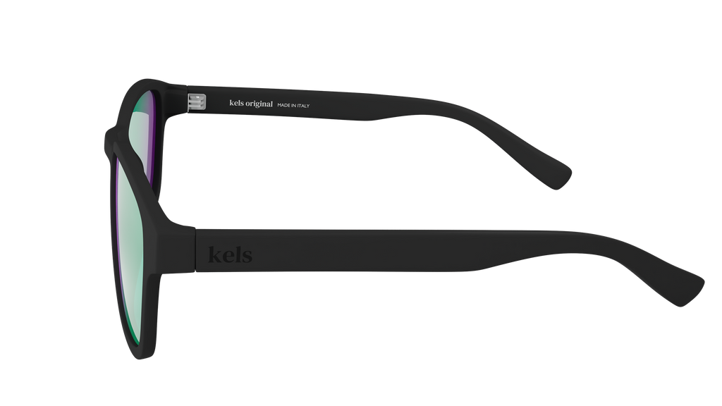 Black sunglasses with 'kels' branding on a white background