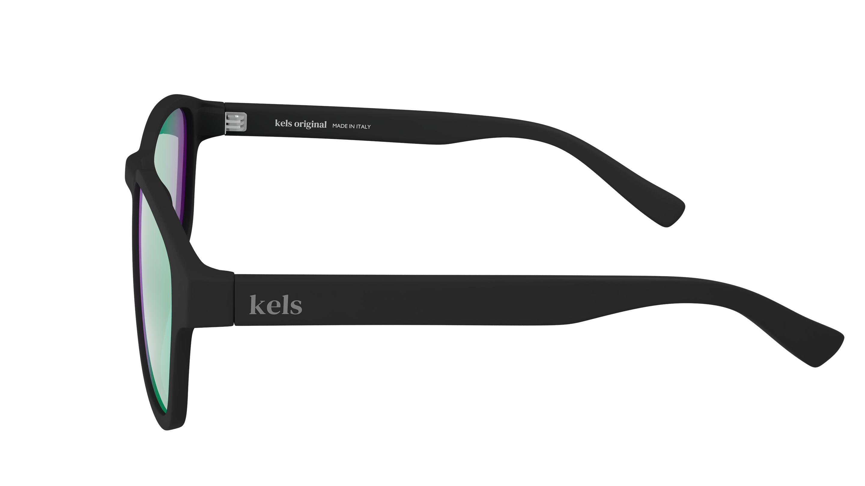 Black sunglasses with 'kels' branding on a white background