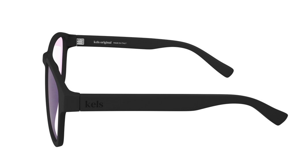 Black sunglasses with 'kels' branding on a white background