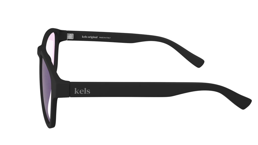 Black sunglasses with 'kels' branding on a white background