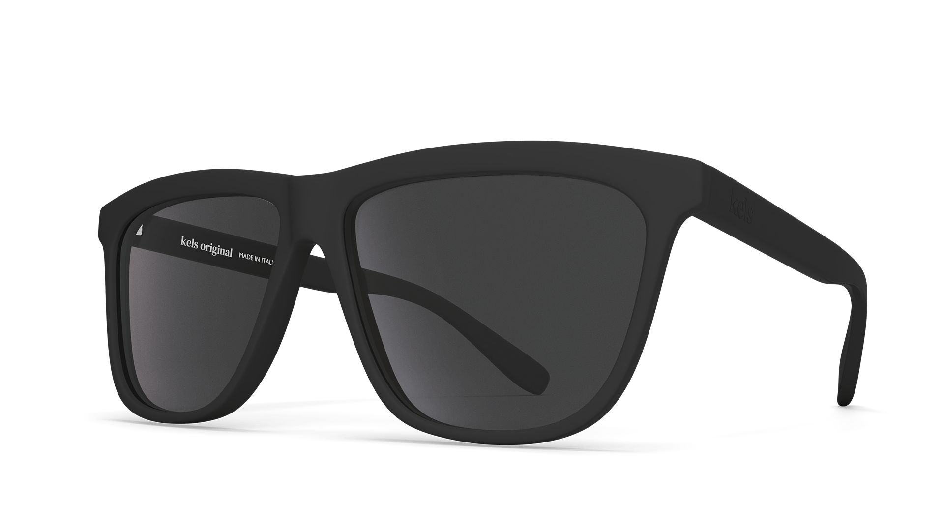 Black sunglasses with dark lenses on a white background