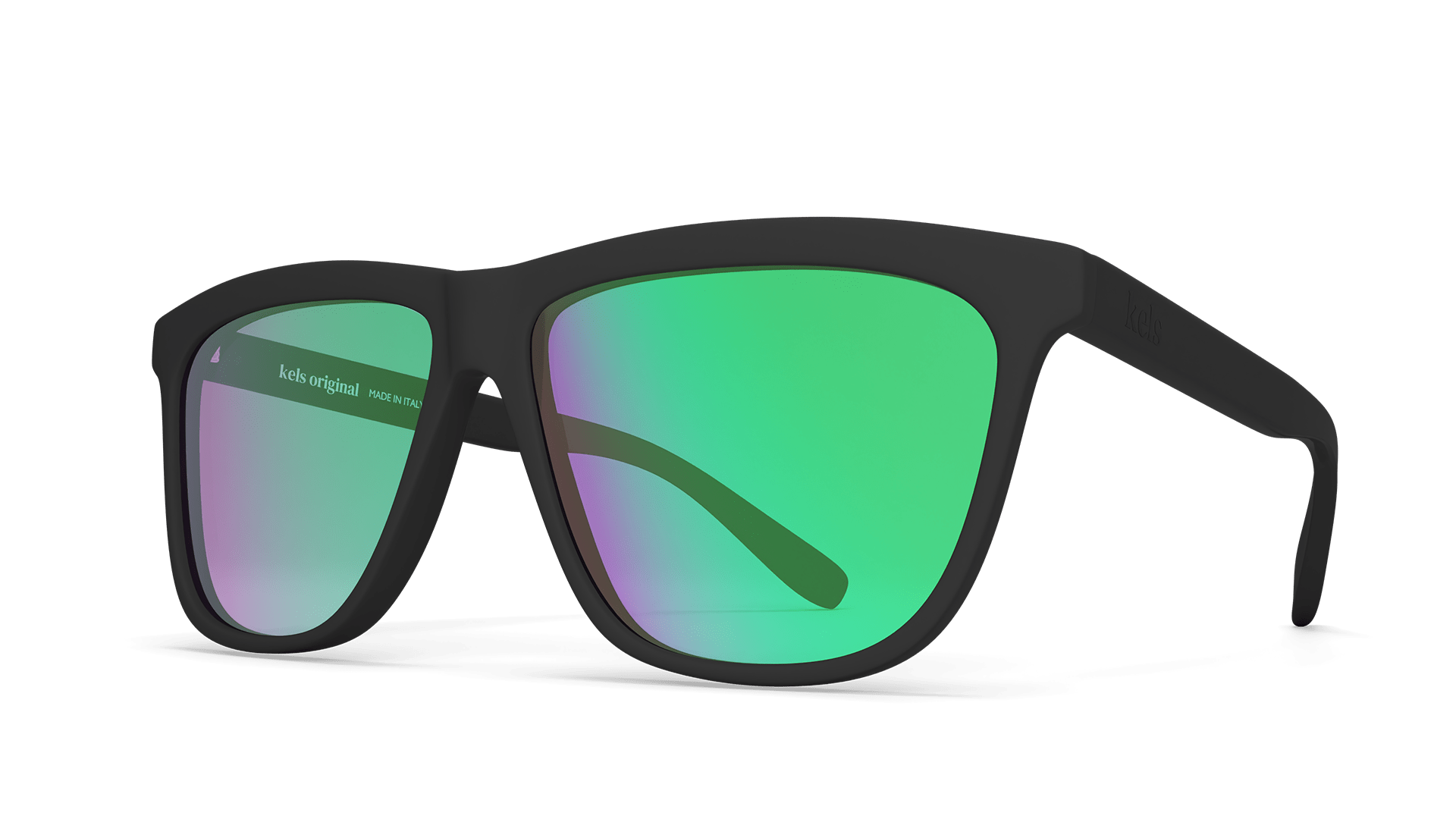 Sunglasses with green lenses and black frame on a white background
