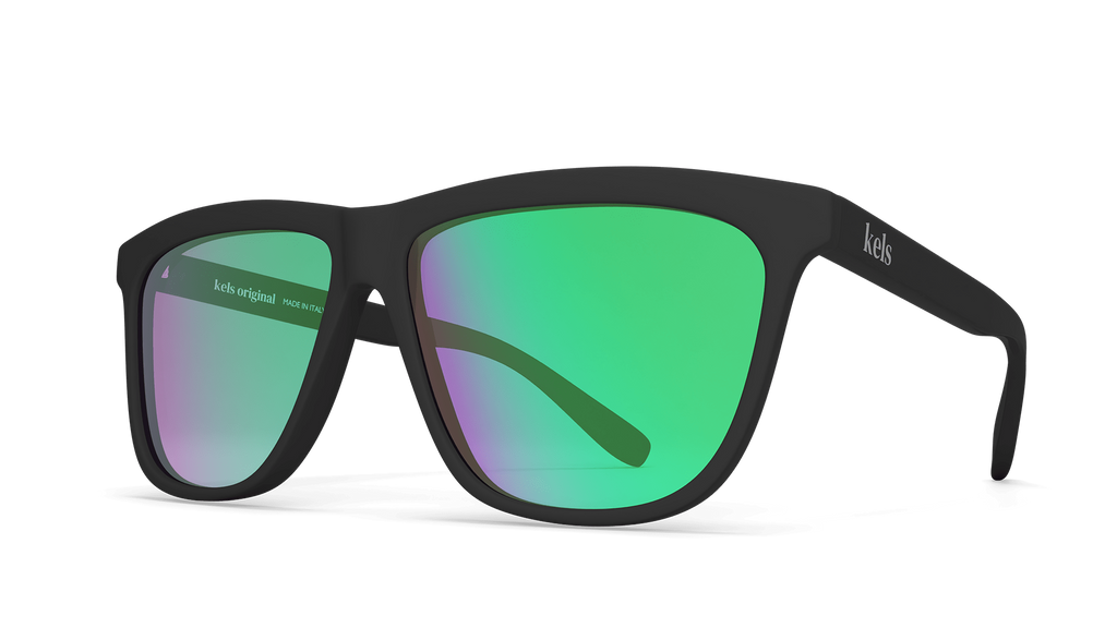 Sunglasses with green lenses and black frame on a white background