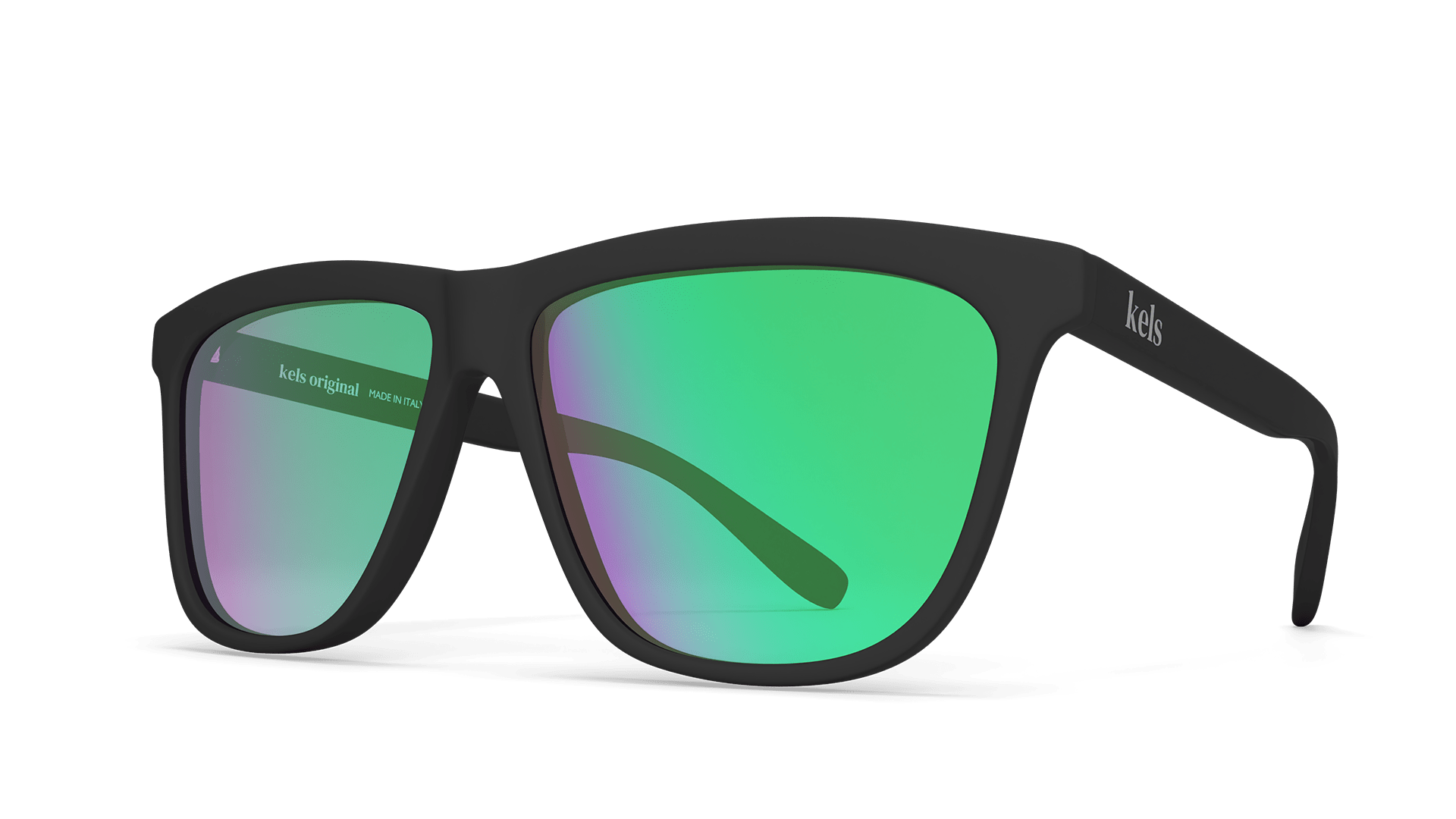Sunglasses with green lenses and black frame on a white background