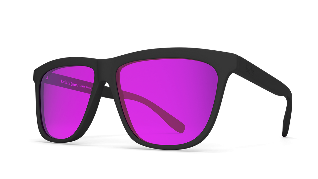 Sunglasses with black frame and purple lenses on a white background