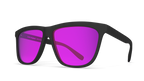 Sunglasses with black frame and purple lenses on a white background