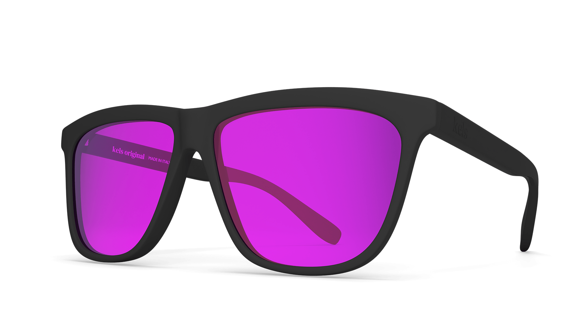 Sunglasses with black frame and purple lenses on a white background