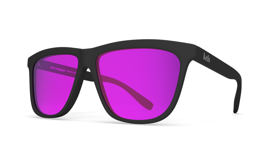Black sunglasses with purple lenses on a white background
