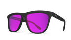 Black sunglasses with purple lenses on a white background
