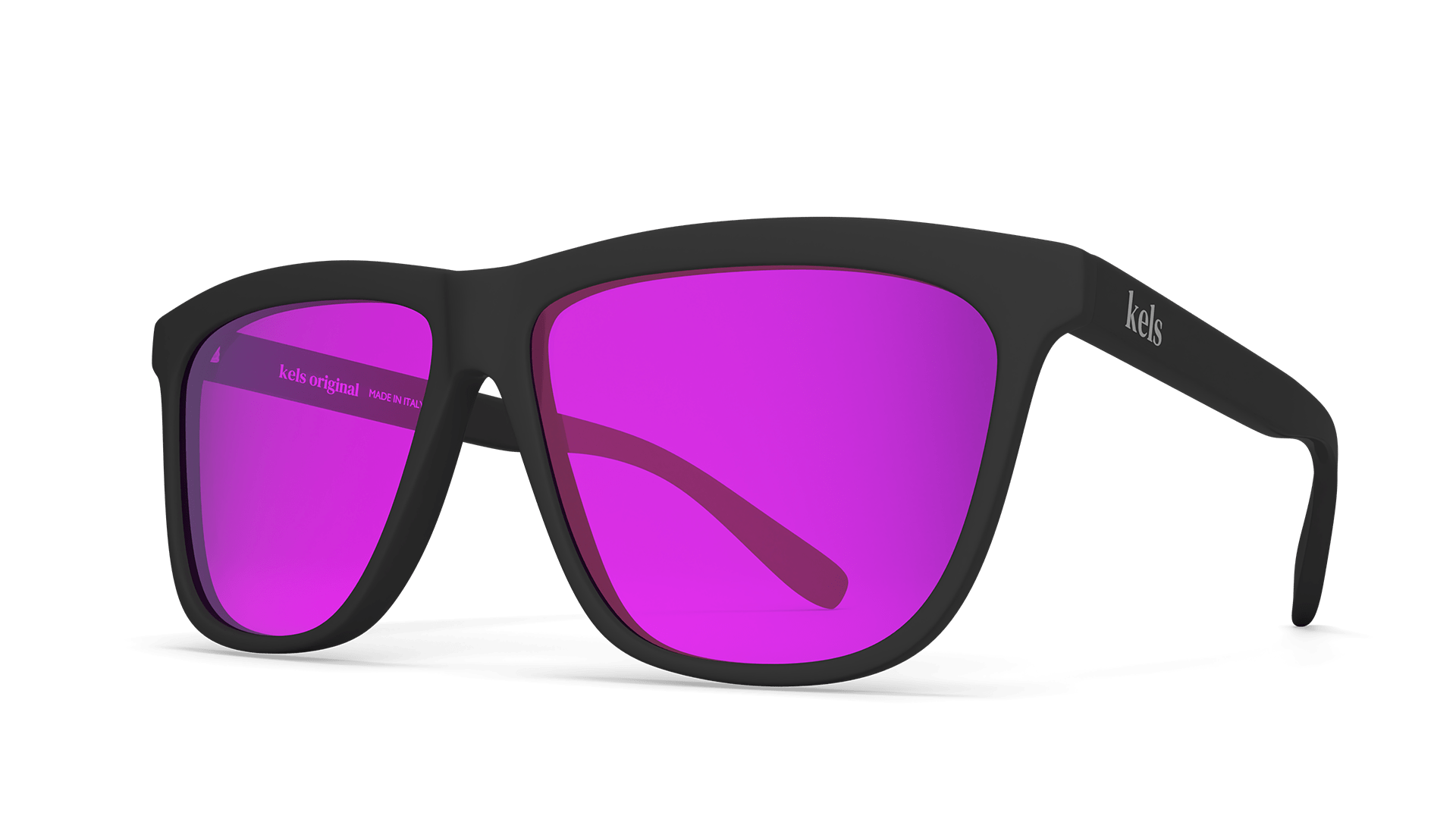 Black sunglasses with purple lenses on a white background
