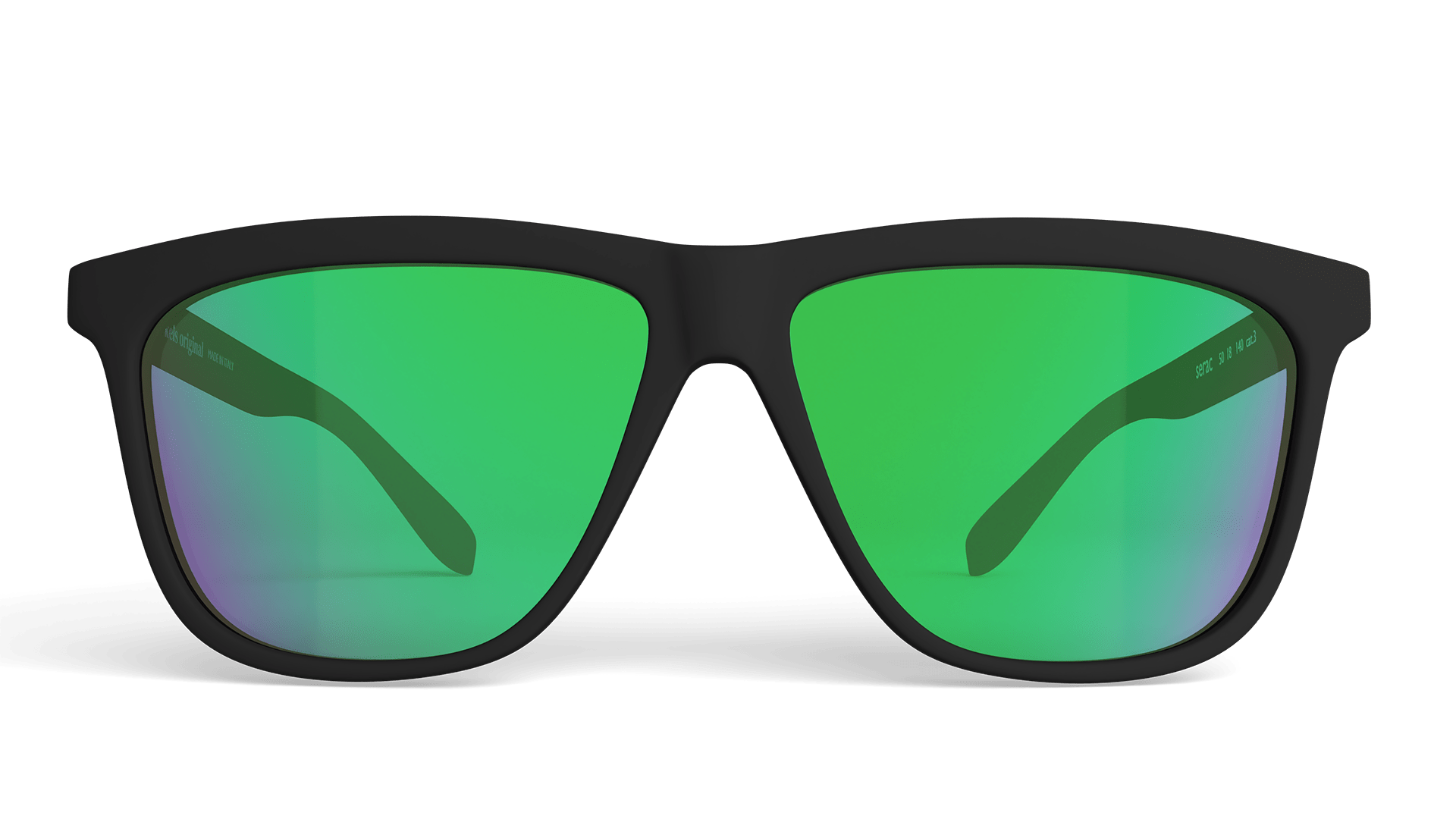 Sunglasses with green lenses and black frame on a white background