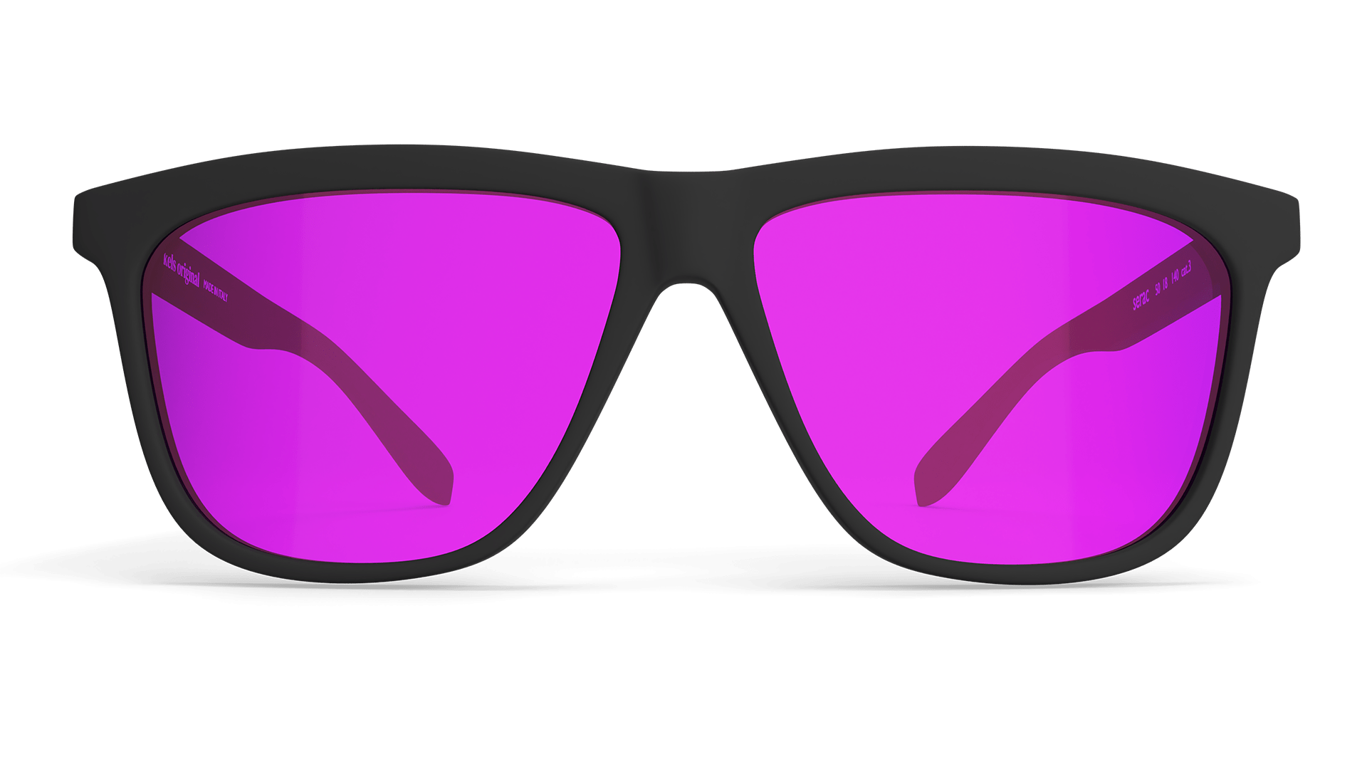Sunglasses with black frame and pink lenses on a white background