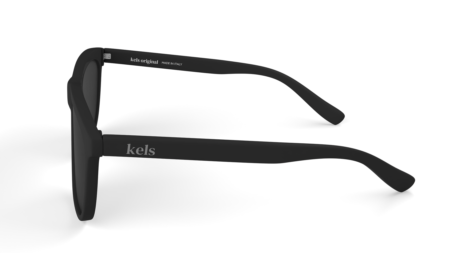 Black sunglasses with 'kels' branding on a white background