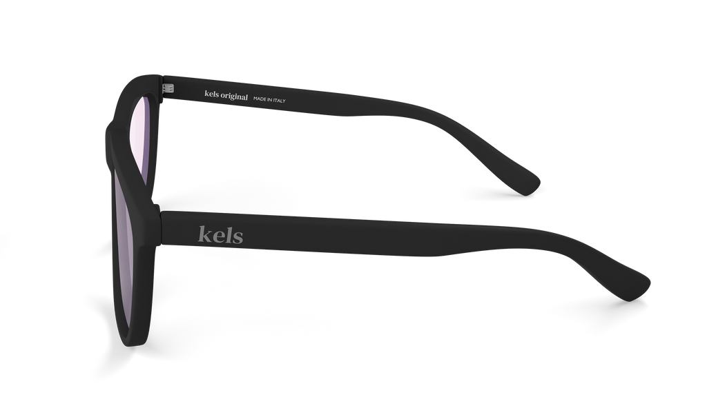 Black sunglasses with 'kels' branding on a white background