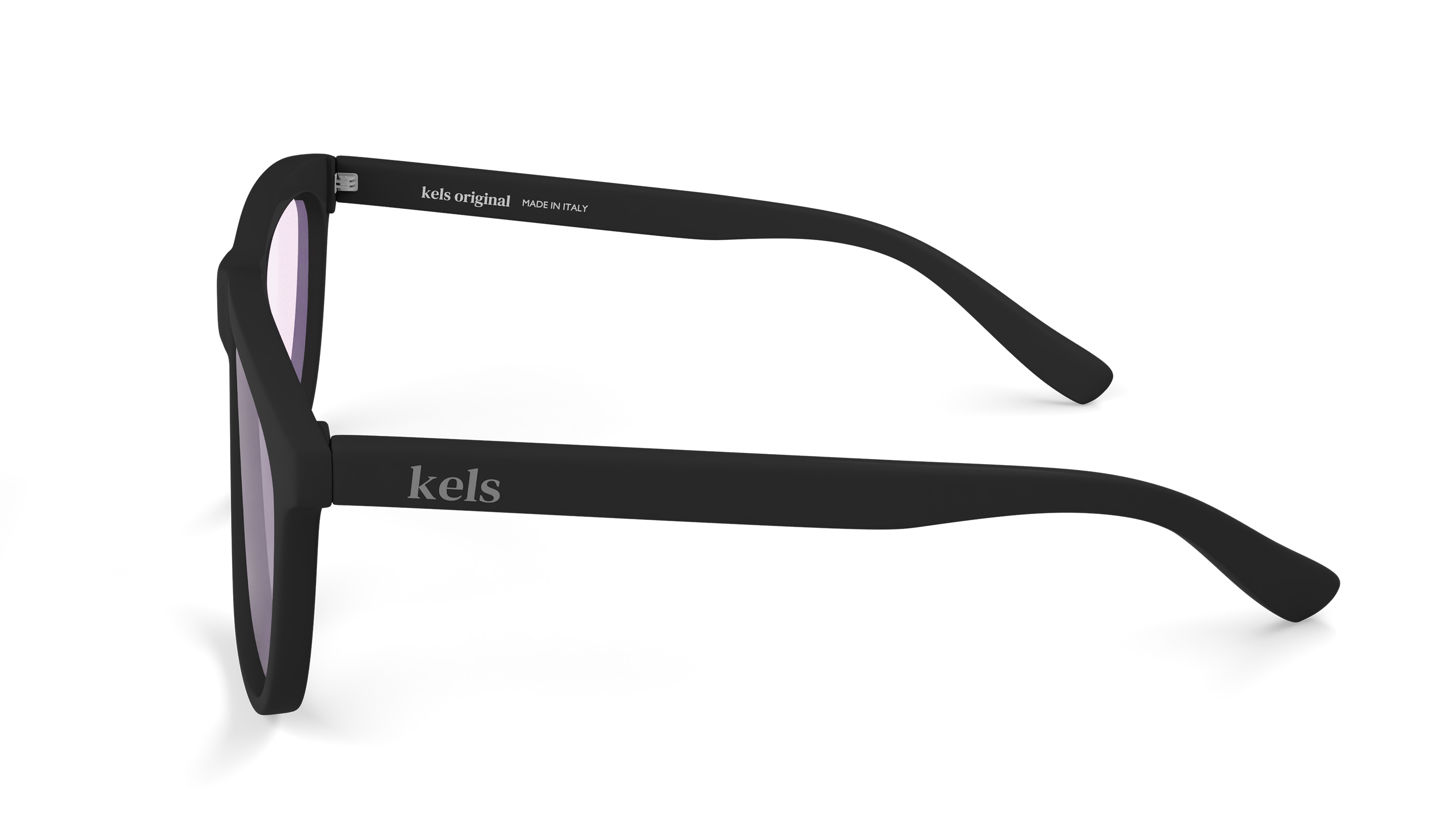 Black sunglasses with 'kels' branding on a white background
