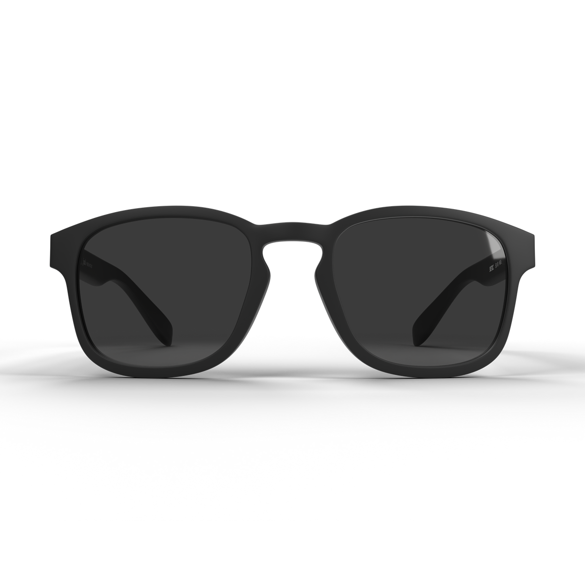 Matte black square sunglasses with dark lenses, shown from a front-facing perspective on a clean white background.