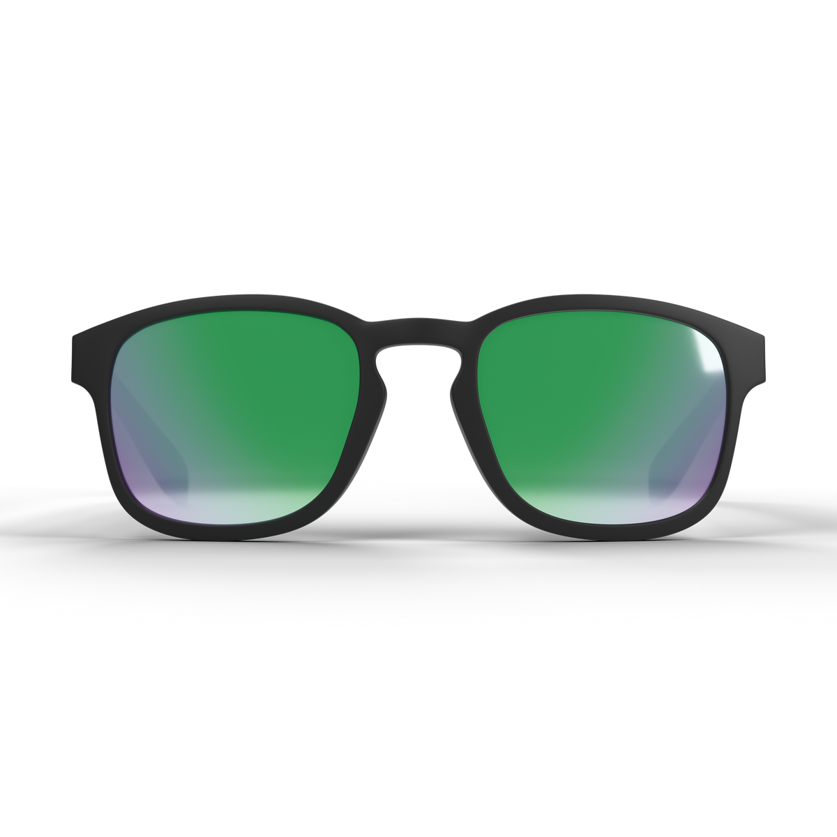 Matte black square sunglasses with green mirrored lenses, shown from a front-facing perspective on a clean white background.