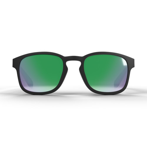 Matte black square sunglasses with green mirrored lenses, shown from a front-facing perspective on a clean white background.