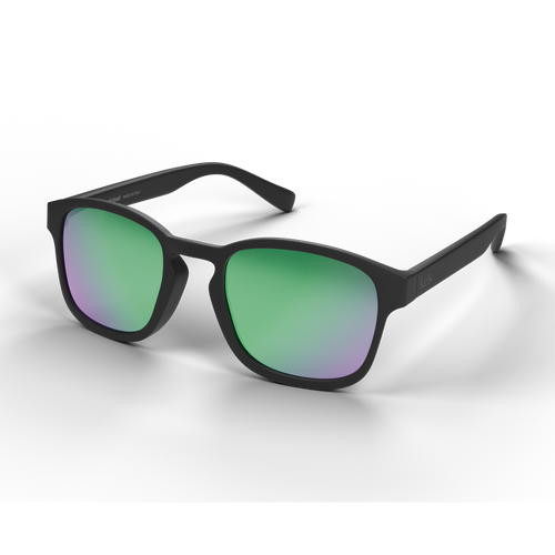Matte black square sunglasses with green-to-purple mirrored lenses, shown at an angle on a clean white background.