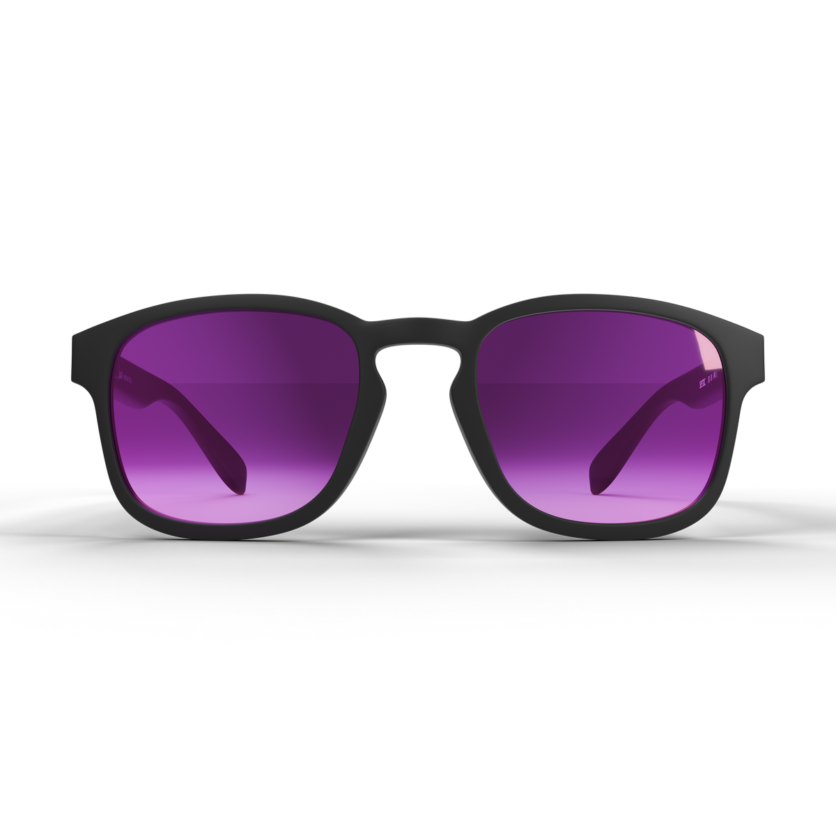 Matte black square sunglasses with vibrant purple gradient lenses, shown from a front-facing perspective on a clean white background.